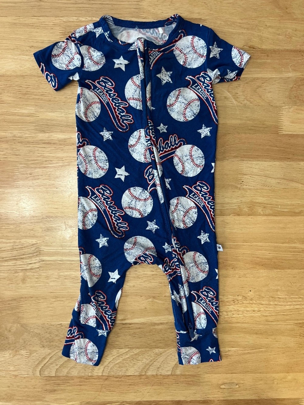 Bums & Roses Blue Bamboo Perfect Catch Baseball Short Sleeve Sleeper Zip Onsie